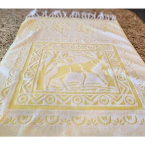 VTG 60s Sculpted Stag Bath Towel Yellow Fringed Woodlands Deer Roses Cottage